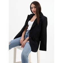 Isawella Blazer Ceket Çizgili Atlas Kumaş - Siyah