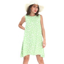 Isawella Elbise Sıfır Kol Desenli Keten - Yeşil