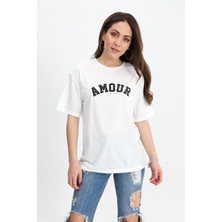 Isawella T-Shirt Bisiklet Yaka Amour Baskılı - Siyah