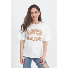 Isawella T-Shirt Kabartma Baskı Bisiklet Yaka - Bej