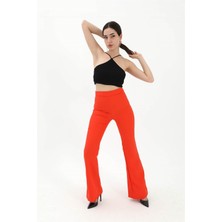 Isawella Yüksek Bel Gizli Fermuarlı Ispanyol Paça Atlas Kumaş Pantolon - Turuncu