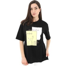Isawella Bisiklet Yaka Yüz Basklı T-Shirt - Siyah