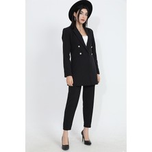 Isawella Omuzları Vatkalı Önü Çıtçıtlı Atlas Kumaş Kadın Blazer Ceket - Siyah