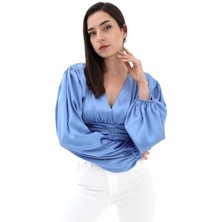 Isawella Beli Drapeli Balon Kol Bluz - Mavi