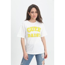 Isawella T-Shirt Kabartma Baskı Bisiklet Yaka - Sarı