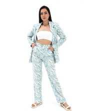 Isawella Zebra Desen Yüksek Bel Keten Pantolon - Mavi