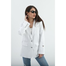 Isawella Üç Cep Kapaklı Çizgili Poliviskon Ceket - Ekru