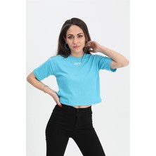 Isawella Tshirt Crop Bisiklet Yaka Off Yazılı - Mavi