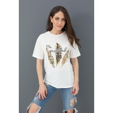 Isawella T-Shirt Bisiklet Yaka Yaprak Baskılı - Ekru