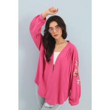 Isawella Kimono Reglan Kol Nakışlı Keten - Fuşya