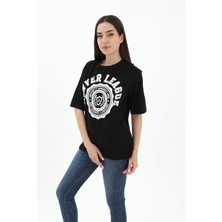 Isawella Bisiklet Yaka Denver Leagune Baskılı T-Shirt - Siyah