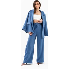 Isawella Parlak Keten Cepli Beli Lastikli Pantolon - Indigo