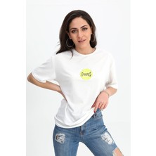 Isawella T-Shirt Bisiklet Yaka Önü ve Arkası Baskılı - Ekru