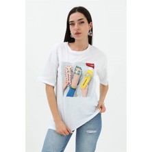 Isawella Bisiklet Yaka Terlik Baskılı T-Shirt - Beyaz