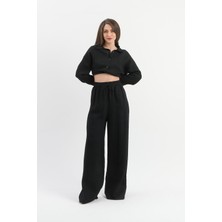 Isawella Yüksek Bel Cepli Krinkıl Kumaş Pantolon - Siyah