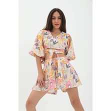 Isawella Çiçek Desenli Balon Kol Keten Takım - Pembe