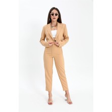 Isawella Çift Peto Cepli Kısa Crop Blazer Ceket - Camel