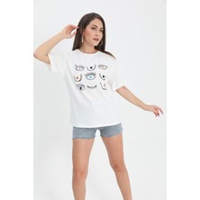 Isawella Tshirt Göz Baskılı Bisiklet Yaka - Ekru