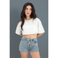 Isawella Crop Bisiklet Yaka Inci Detaylı - Beyaz
