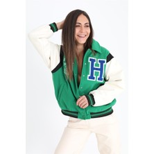 Isawella Beli Lastikli Kolları Deri Kolej Ceket Mont - Yeşil