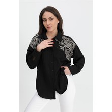 Isawella Gömlek Omuzları Nakışlı Keten - Siyah