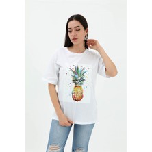 Isawella Bisiklet Yaka Ananas Baskılı Süprem T-Shirt - Beyaz
