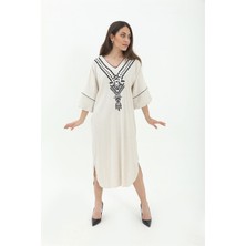 Isawella Balon Kol Nakışlı Kimono - Taş