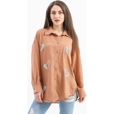 Isawella Taşlı Kalp Işlemeli Keten Gömlek - Vizon