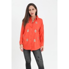 Isawella Gömlek Keten Göz Nakışlı - Turuncu