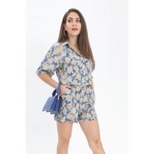 Isawella Gömlek Baskılı Kolu Duble Katlamalı - Mavi