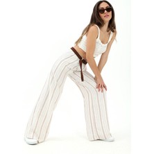 Isawella Hasır Kemer Çizgili Pantolon - Bej