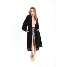 Isawella Kimono Palmiye Baskılı Püsküllü - Siyah