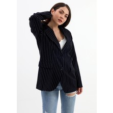 Isawella Blazer Ceket Çizgili Atlas Kumaş - Koyu Lacivert