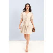 Isawella Elbise Balon Kol Beli Büzgülü - Taş