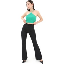 Isawella Yüksek Bel Gizli Fermuarlı Ispanyol Paça Atlas Kumaş Pantolon - Siyah