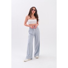 Isawella Önü Çimalı Diyagonal Pantolon - Mavi