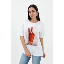 Isawella Bisiklet Yaka El Baskılı Süprem T-Shirt - Beyaz