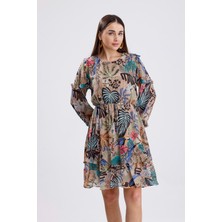 Isawella Kolları Fırfırlı Desenli Şifon Elbise - Vizon