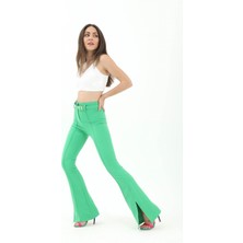 Isawella Kemerli Yanı Yırtmaçlı Ispanyol Paça Atlas Kumaş Pantolon - Yeşil