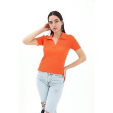 Isawella Polo Yakalı Kısa Kol Triko Kazak - Turuncu