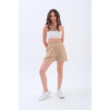 Isawella Püskül Detaylı Yıkamalı Müslin Şort - Vizon