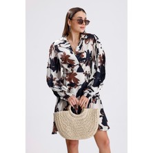 Isawella Önü Bağlamalı Kruvaze Yaka Baskılı Elbise - Kahve