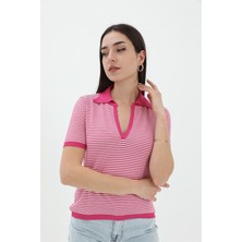 Isawella Ince Çizgili Polo Yaka Triko Kazak - Fuşya