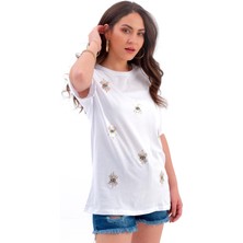 Isawella Göz Nakışlı Süprem Tişört - Ekru