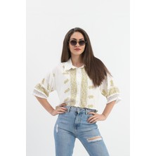 Isawella Antik Desenli Kolları Püsküllü Gömlek - Haki