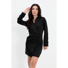 Isawella Elbise Kruvaze Yaka Düğmeli Saten - Siyah