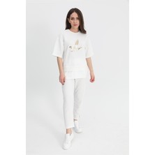 Isawella Takım Eteği Çimalı Kuş Baskılı Beli Lastikli T-Shirt Pantolon - Ekru