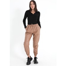 Isawella Paçası ve Beli Lastikli Pileli Deri Pantolon - Camel