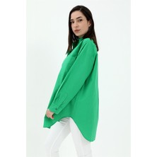 Isawella Tek Cepli Kolları Katlı Oversize Kalın Keten Gömlek - Yeşil