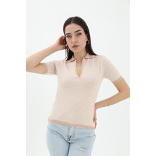 Isawella Ince Çizgili Polo Yaka Triko Kazak - Camel